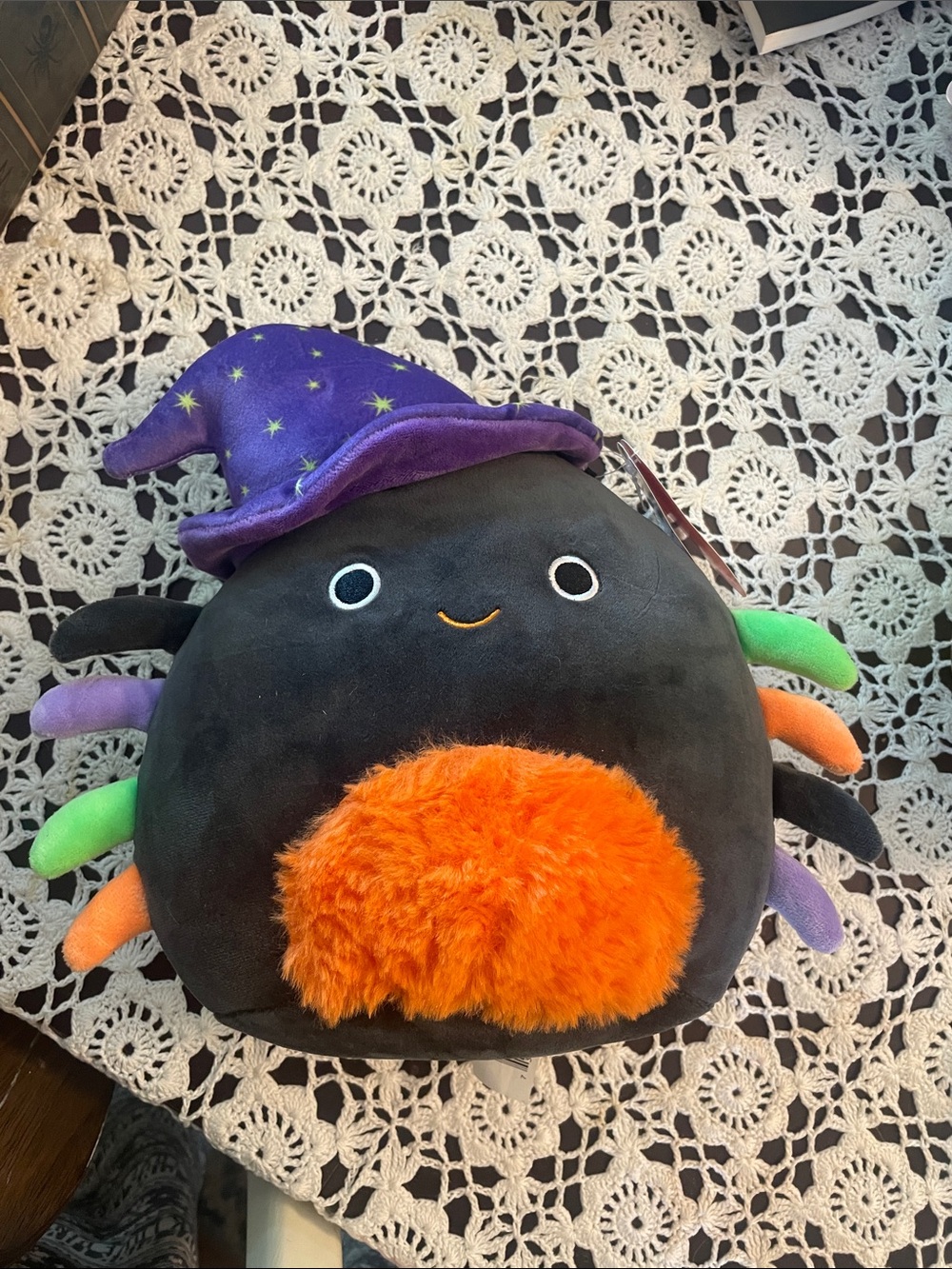 Squishmallows Black Spider Plush with Purple Wizard Hat and Colorful Legs